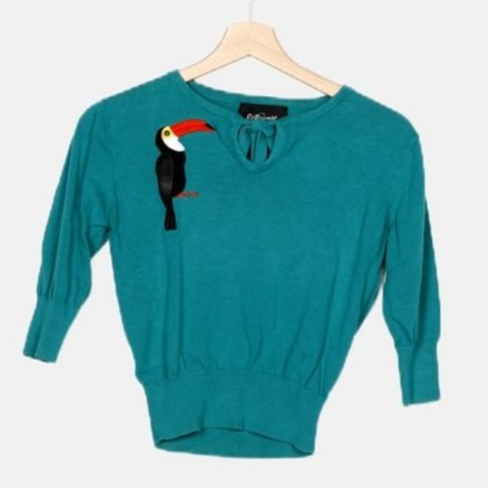 Collectif Teal Tucan Sweater  Tie Keyhole 3/4 Sleeve Sz. 3X Runs Small